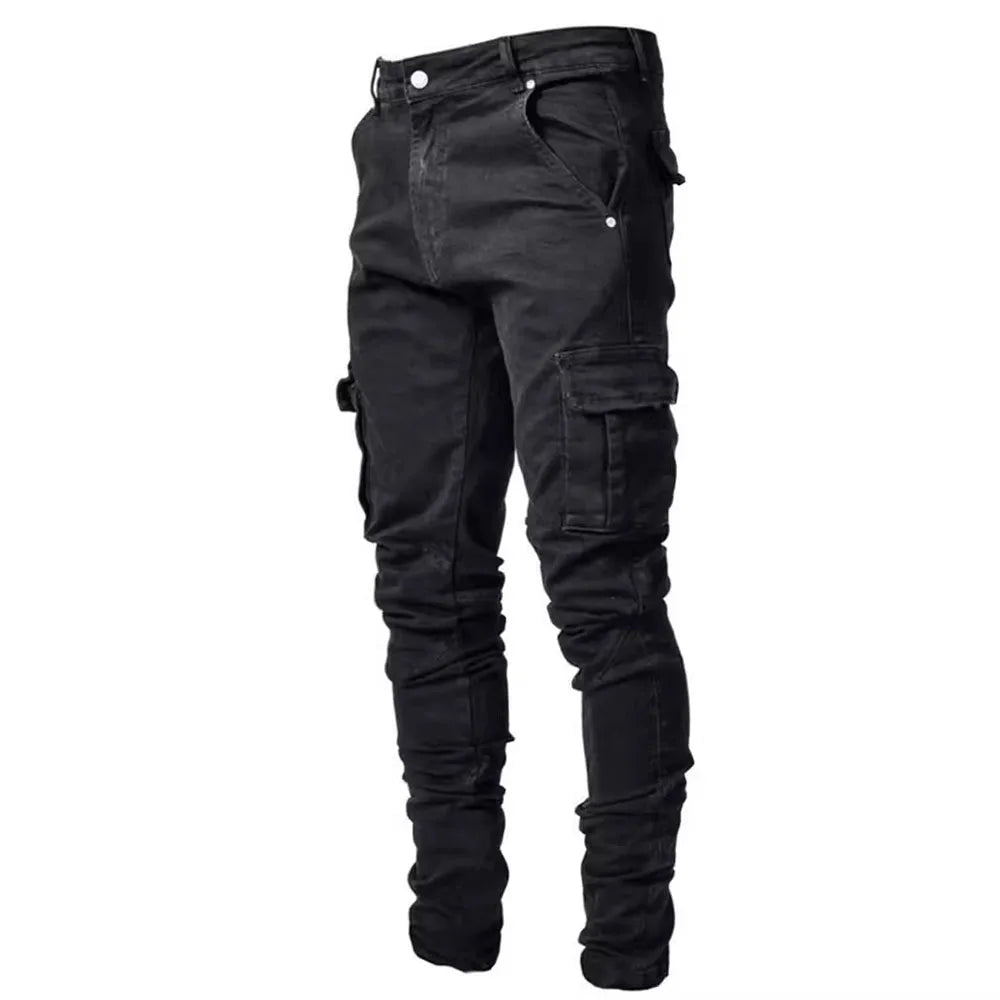 Men's Street Elastic Denim Jeans with Narrow Legs Multi Pockets Cargo Pants Casual Slim Fit Daily Wear Joggers Mid Waist Trousers