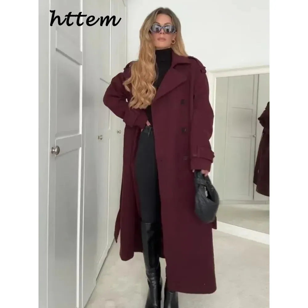 Street Women's Burgundy Woolen Overcoat With Belt Vintage Lapel Double Breasted Long Coat 2024 Autumn Winter Lady Chic Outwear