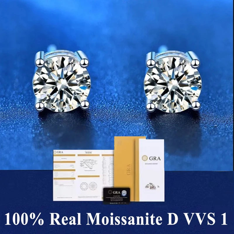 Top Quality GRA 100% Real Sterling Silver Moissanite Stud Earrings for Women with 2 Certificates D Color 6 Prong Wedding Jewelry