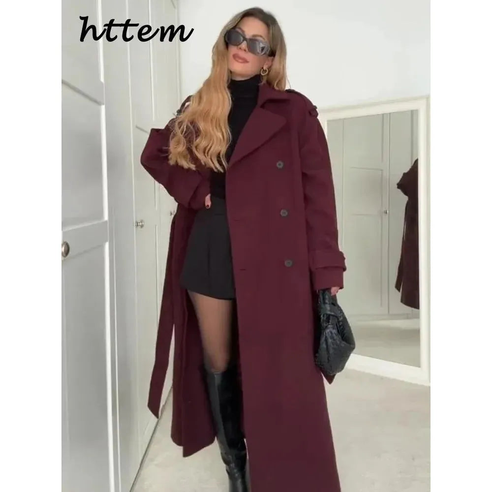 Street Women's Burgundy Woolen Overcoat With Belt Vintage Lapel Double Breasted Long Coat 2024 Autumn Winter Lady Chic Outwear