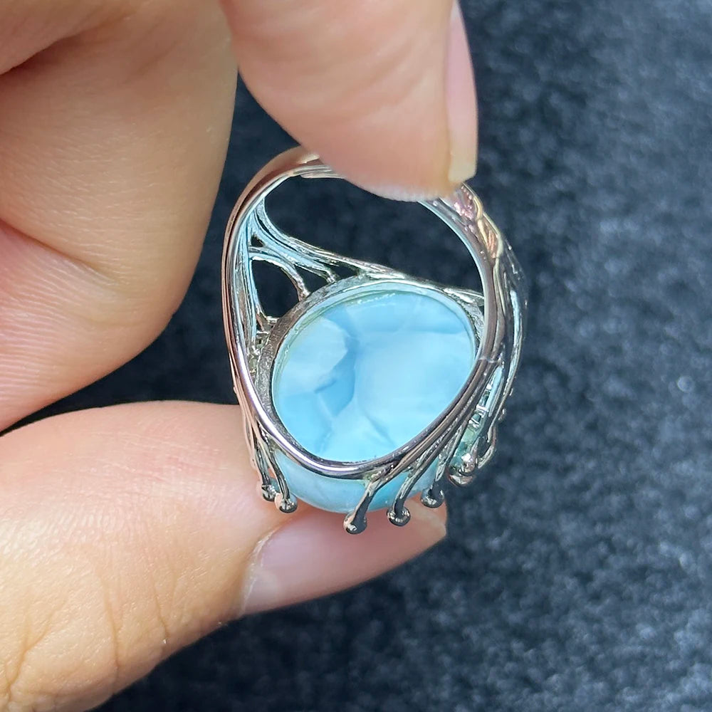 Larimar Natural 925 Silver Ring for Women Eye Catching Short Size Fashion Jewelry