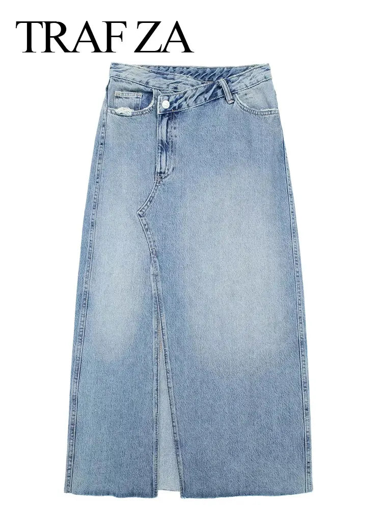 TRAFZA Women's New Front Slit Blue Denim Skirt