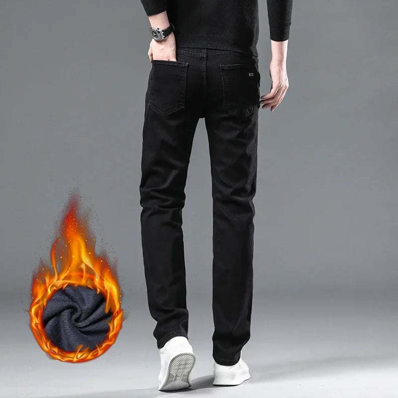 WTHINLEE Men's Winter Black Straight Stretch Denim Pants Thick Velvet Warm Jeans Casual Fleece Line Trousers Plus Size